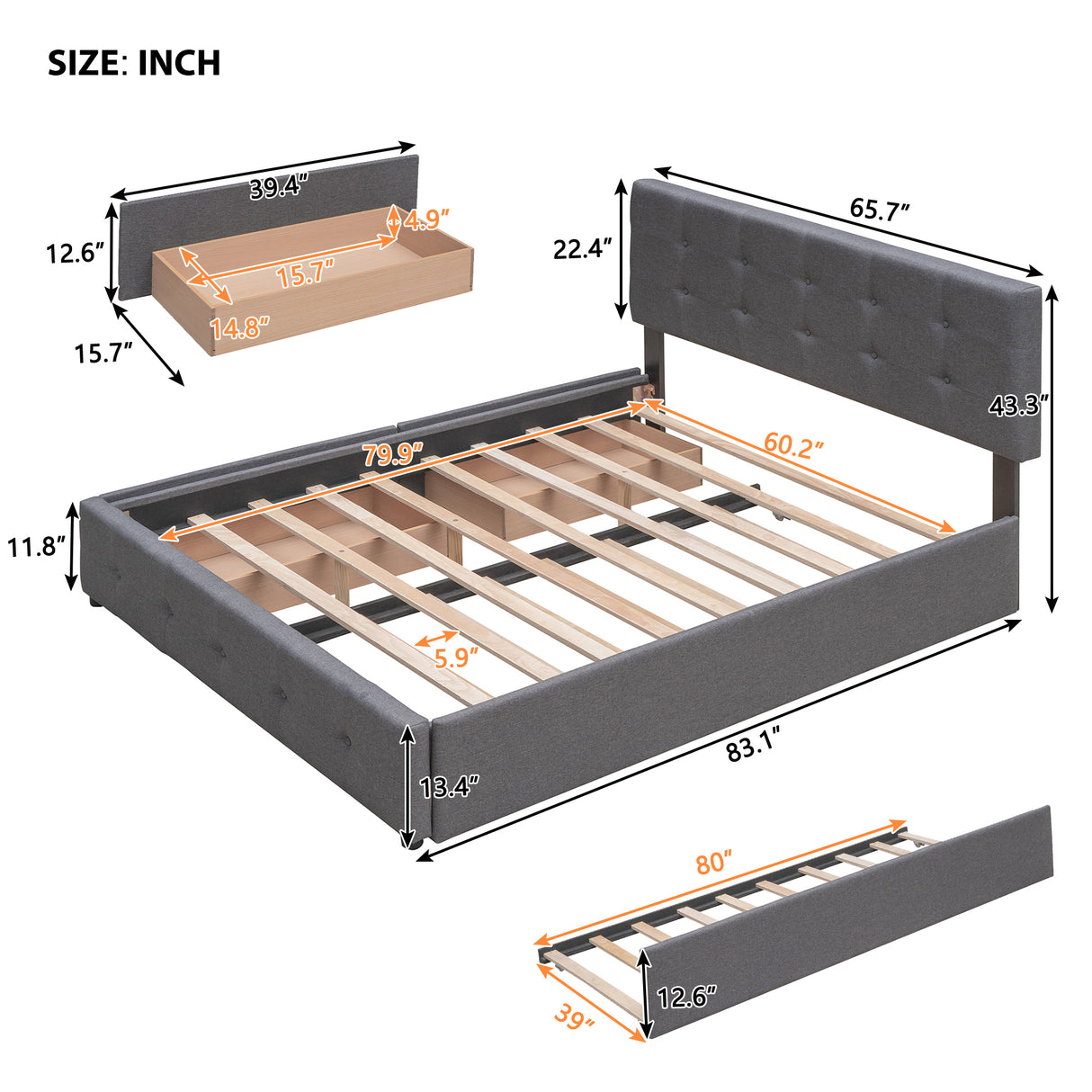 Upholstered Platform Bed with 2 Drawers and 1 Twin XL Trundle,  Linen Fabric, Queen Size - Dark Gray(OLD SKU :LP000314AAE) - Home Elegance USA