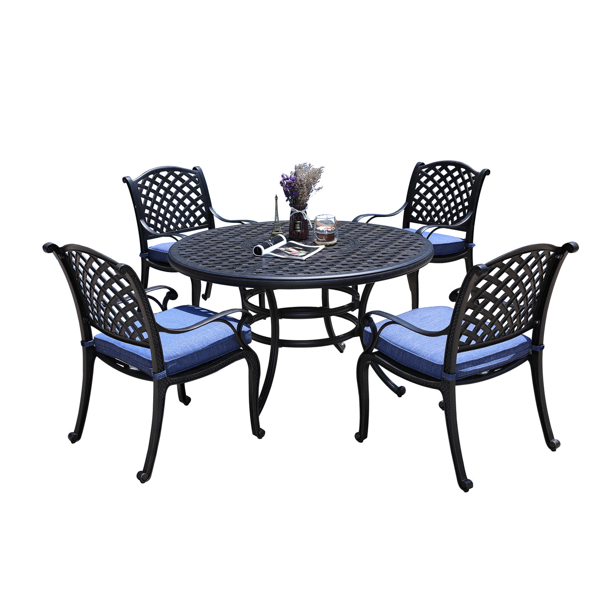 Round 4 - Person 51.97" Long Dining Set with Cushions, Navy Blue