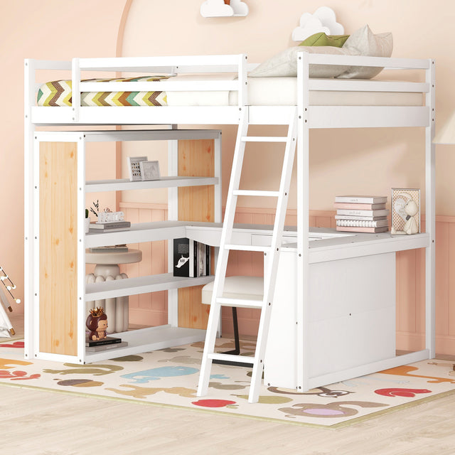 Full Size Loft Bed with Ladder, Shelves, and Desk, White - Home Elegance USA