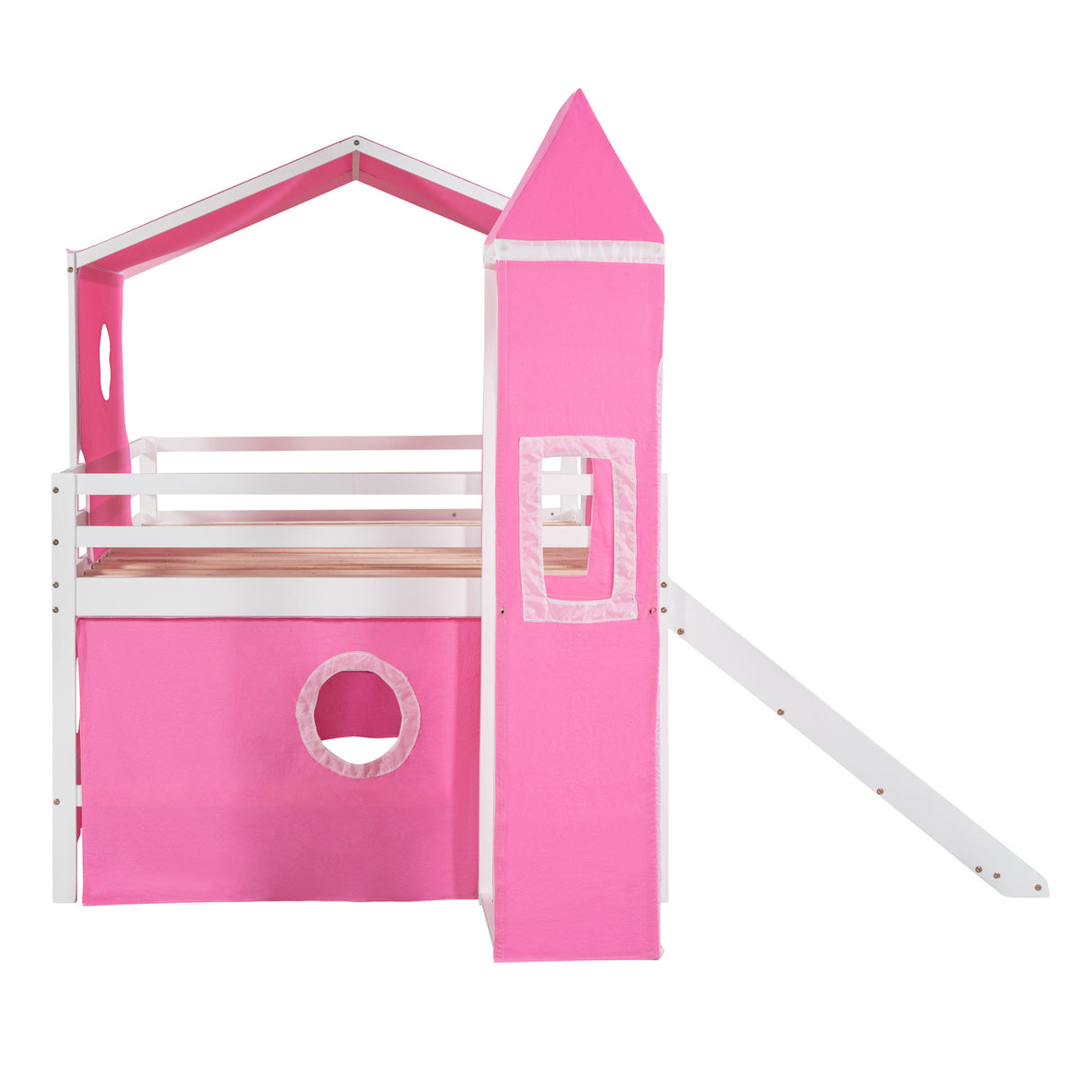 Full Size Bunk Bed with Slide Pink Tent and Tower - Pink - Home Elegance USA