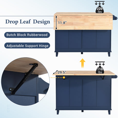 TOPMAX Farmhouse Kitchen Island Set with Drop Leaf and 2 Seatings,Dining Table Set with Storage Cabinet, Drawers and Towel Rack, Blue+Black+Brown - Home Elegance USA