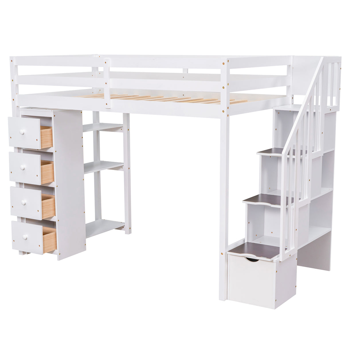 Twin size Loft Bed with Storage Drawers and Stairs, Wooden Loft Bed with Shelves - White - Home Elegance USA