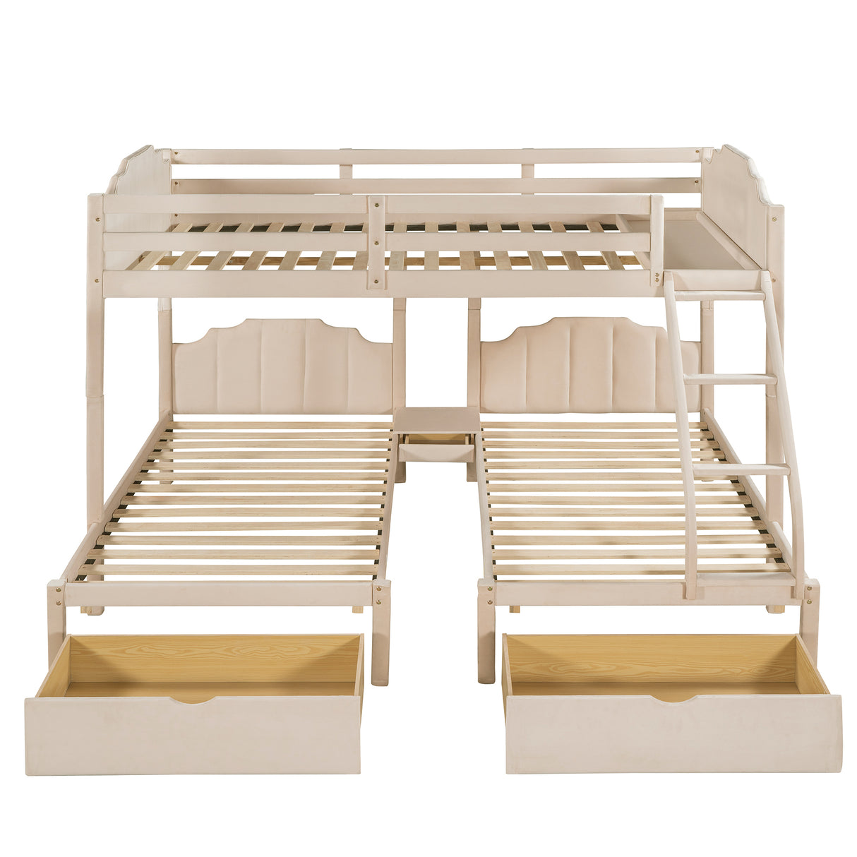 Full Over Twin & Twin Bunk Bed, Velvet Triple Bunk Bed with Drawers and Guardrails, Beige - Home Elegance USA