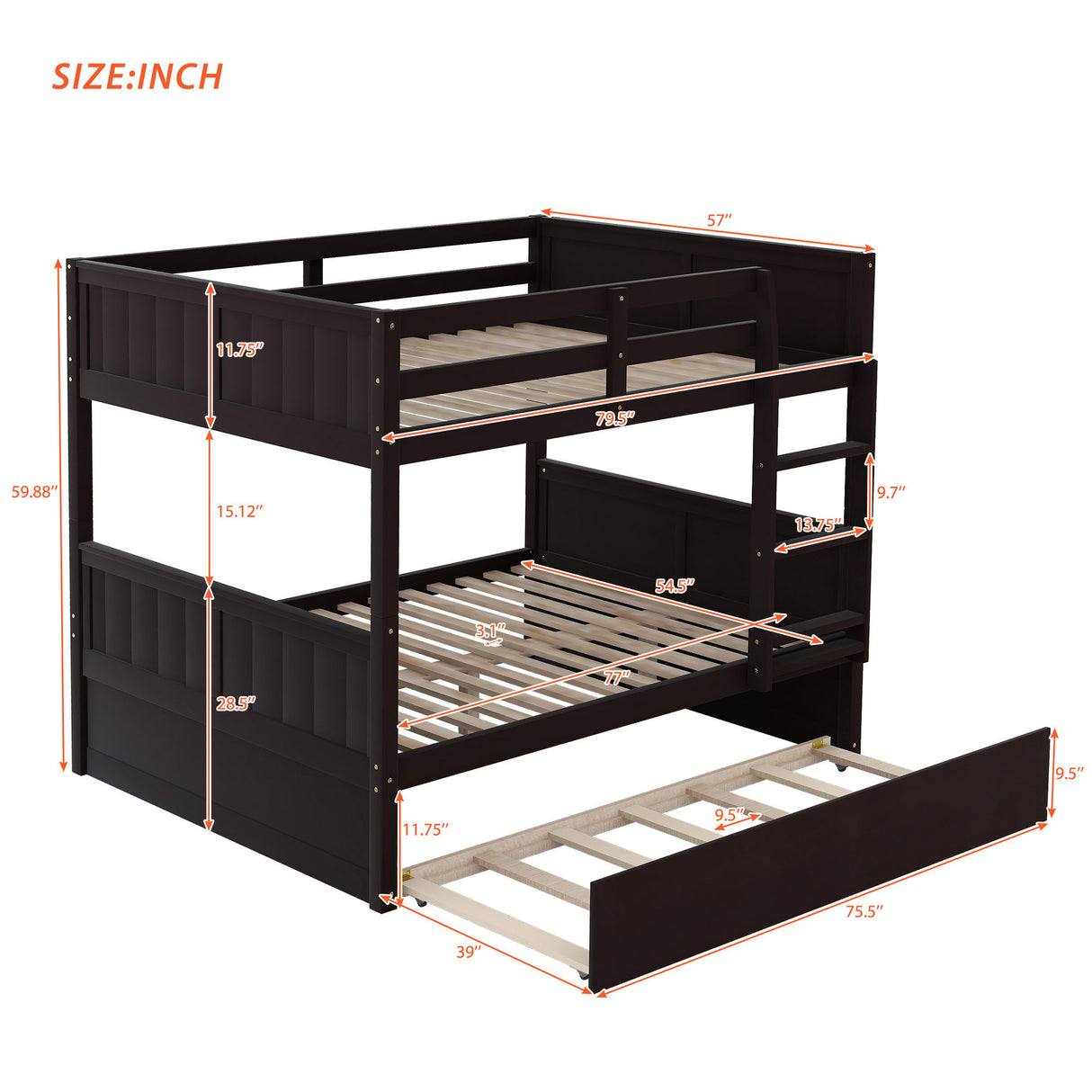 Full Over Full Bunk Bed with Twin Size Trundle, Espresso (old sku: LP000250AAP ) - Home Elegance USA