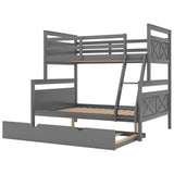 Twin over Full Bunk Bed with Ladder, Twin Size Trundle, Safety Guardrail, Gray - Home Elegance USA