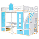 Twin-Over-Twin Bunk Bed with Changeable Table , Bunk Bed  Turn into Upper Bed and Down Desk with 2 Drawers - Blue - Home Elegance USA
