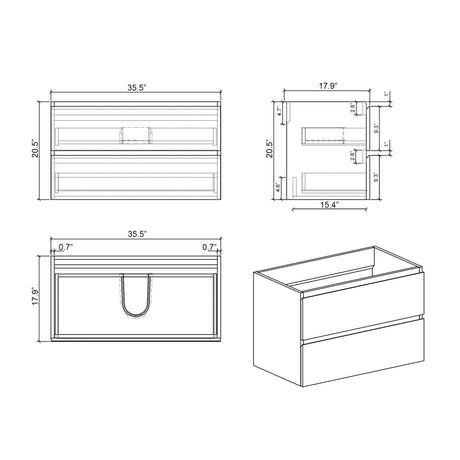 Alice 36" White Bathroom Vanity with Sink, Large Storage Wall Mounted Floating Bathroom Vanity for Modern Bathroom, One - Piece Black Sink Basin without Drain and Faucet | Home Elegance USA