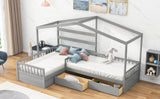 Twin Size House Platform Bed with Three Storage Drawers,Gray - Home Elegance USA