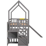 Twin over Twin House Bunk Bed with Convertible Slide,Storage Staircase can be Placed Left or Right,Gray - Home Elegance USA