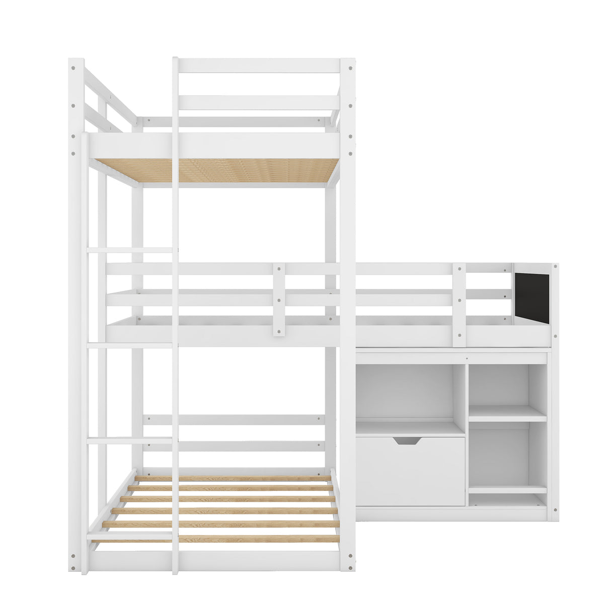 L-shaped Wood Triple Twin Size Bunk Bed with Storage Cabinet and Blackboard, Ladder, White - Home Elegance USA