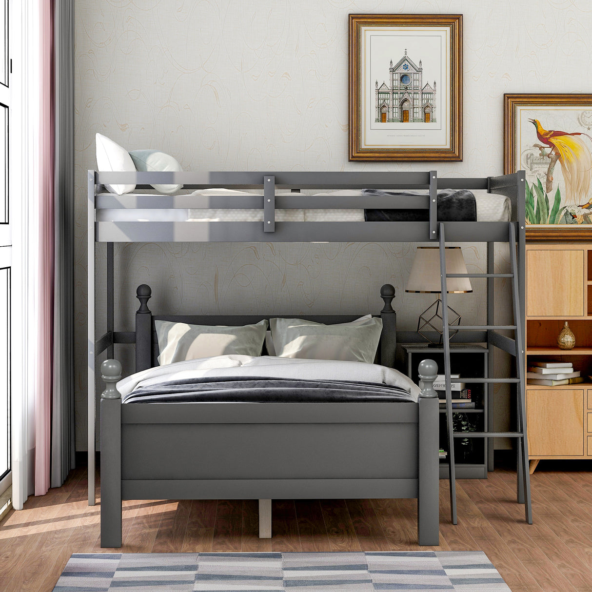 Twin over Full Loft Bed with Cabinet, Gray - Home Elegance USA