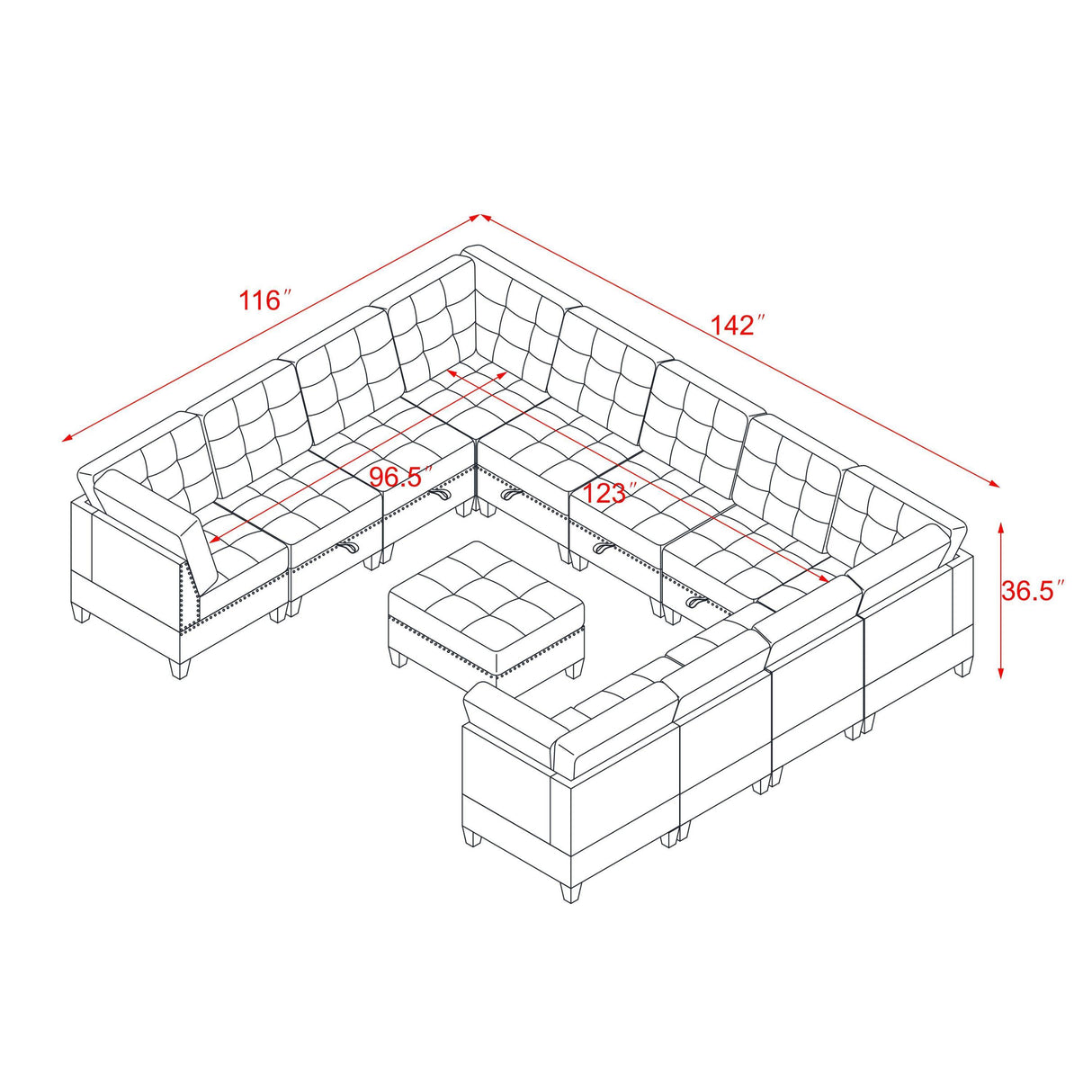 U shape Modular Sectional Sofa，DIY Combination，includes Seven Single Chair， Four Corner and One Ottoman，Black Velvet. - Home Elegance USA