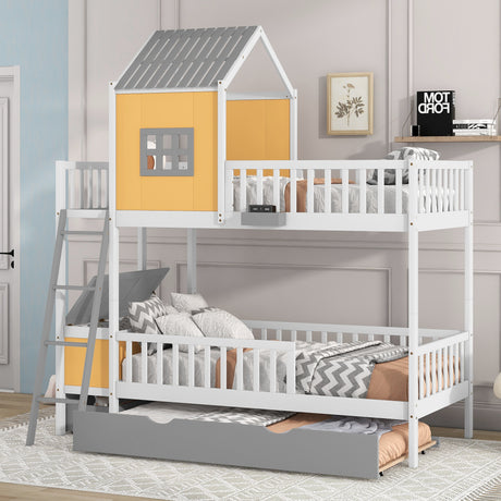 Twin over Twin Bunk Bed with Twin Size Trundle , Farmhouse Bed with Storage Box and Drawer - Yellow - Home Elegance USA