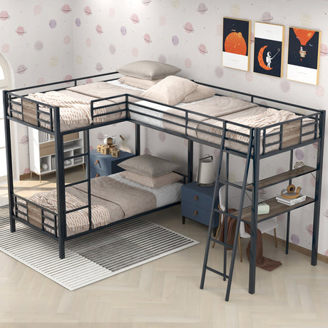 L-Shaped Twin over Twin Bunk Bed with Twin Size Loft Bed with Desk and Shelf ,Brown - Home Elegance USA