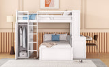 Full size Loft Bed with a twin size Stand-alone bed, Shelves,Desk,and Wardrobe-White - Home Elegance USA