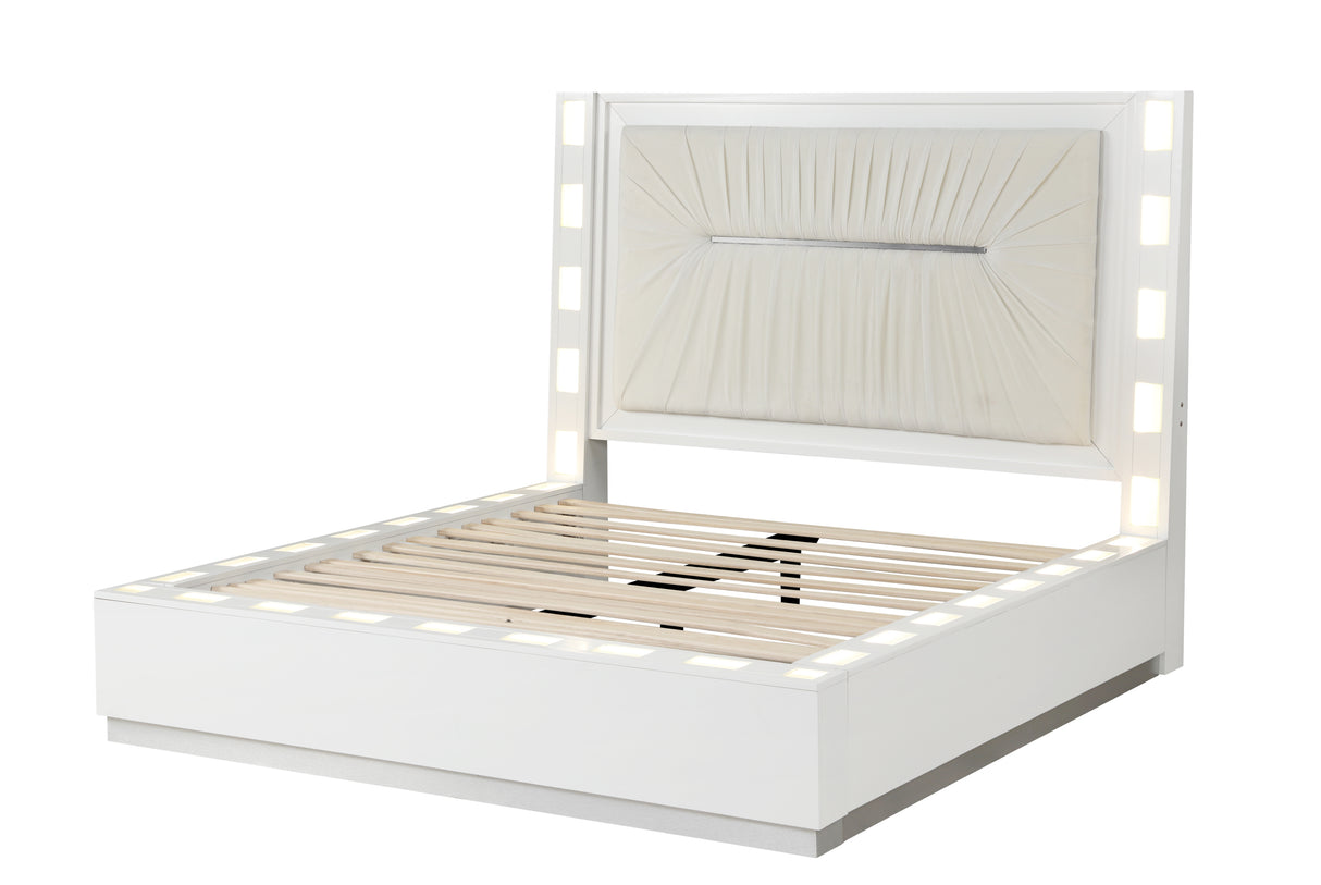 Coco LED Queen Size Bed Made with Wood in Milky White Color - Home Elegance USA