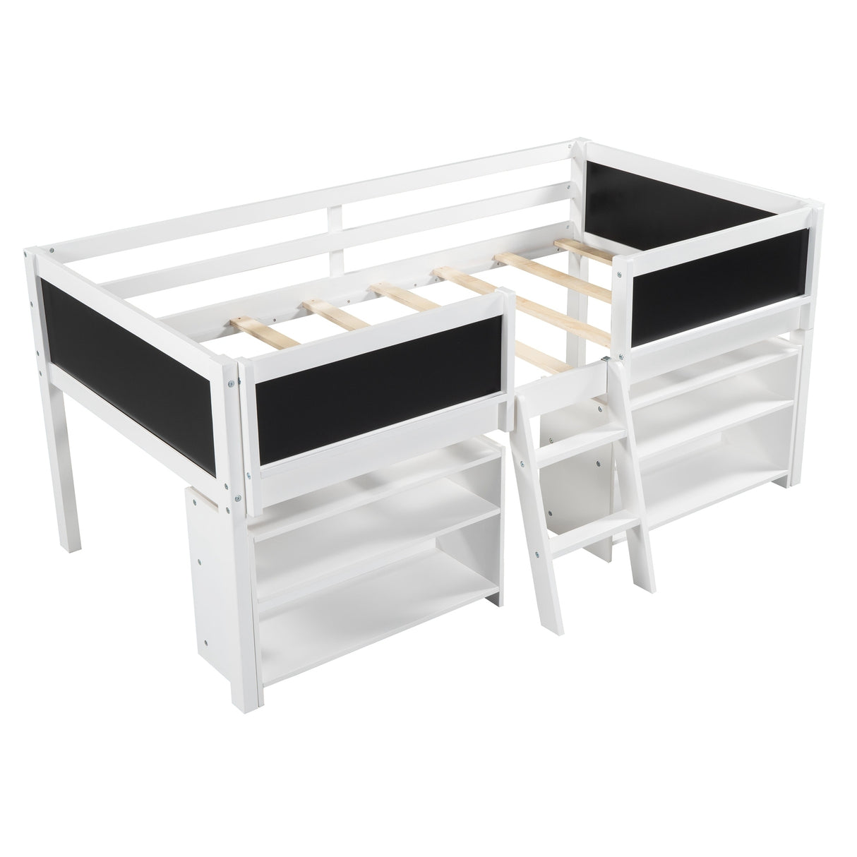 Twin Size Low Loft Bed with Two Movable Shelves and Ladder,with Decorative Guardrail Chalkboard,White - Home Elegance USA