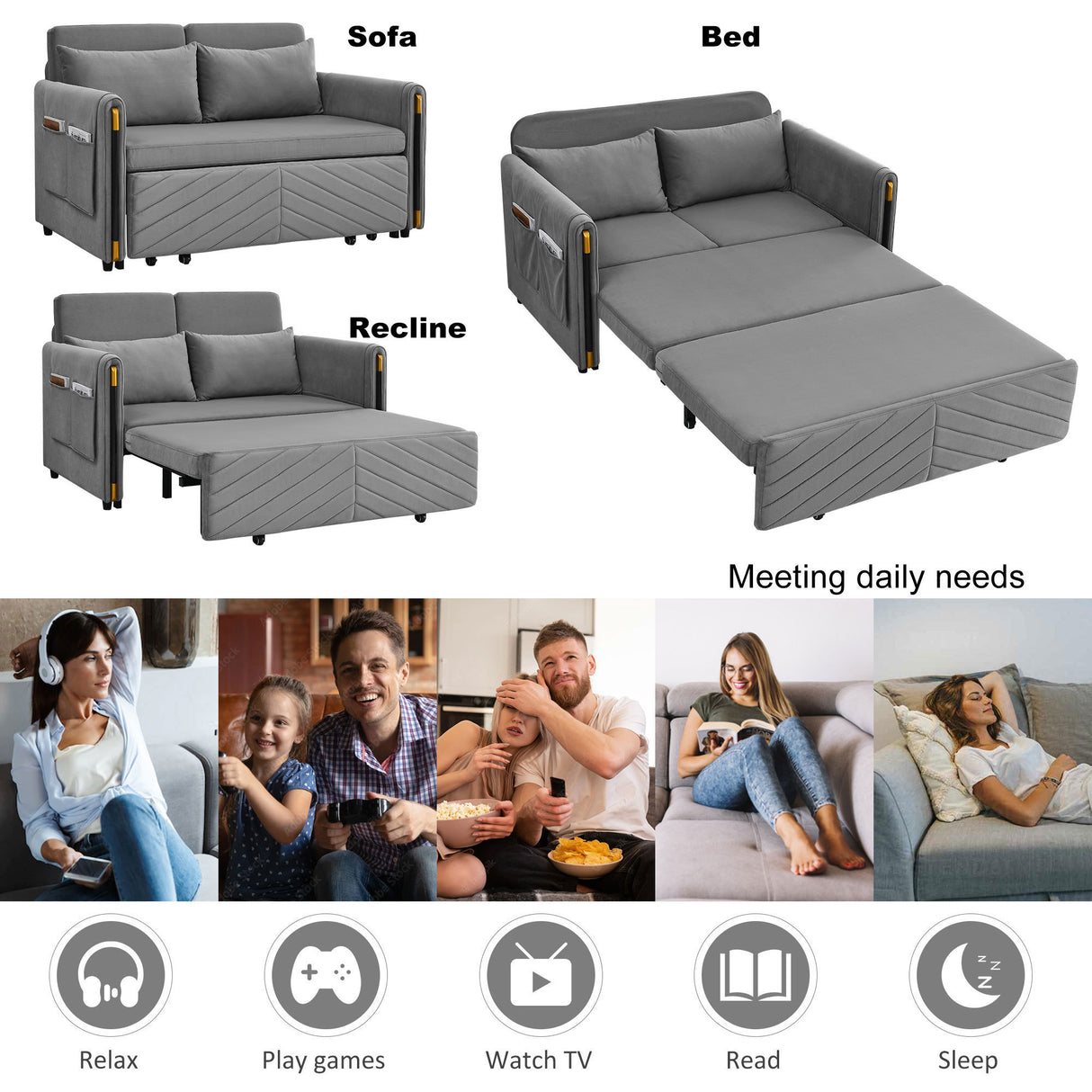 MH 54" Modern Convertible Sofa Bed with 2 Detachable Arm Pockets, Velvet Loveseat Multi-position adjustable Sofa with Pull Out Bed with Bedhead, 2 Pillows and Living Room, Grey Home Elegance USA