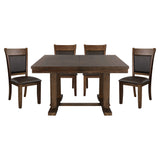 Transitional 5pc Dining Set Table with Self-Storing Leaf and Faux Leather Upholstered 4x Side Chairs Light Rustic Brown Finish Dining Room Furniture - Home Elegance USA