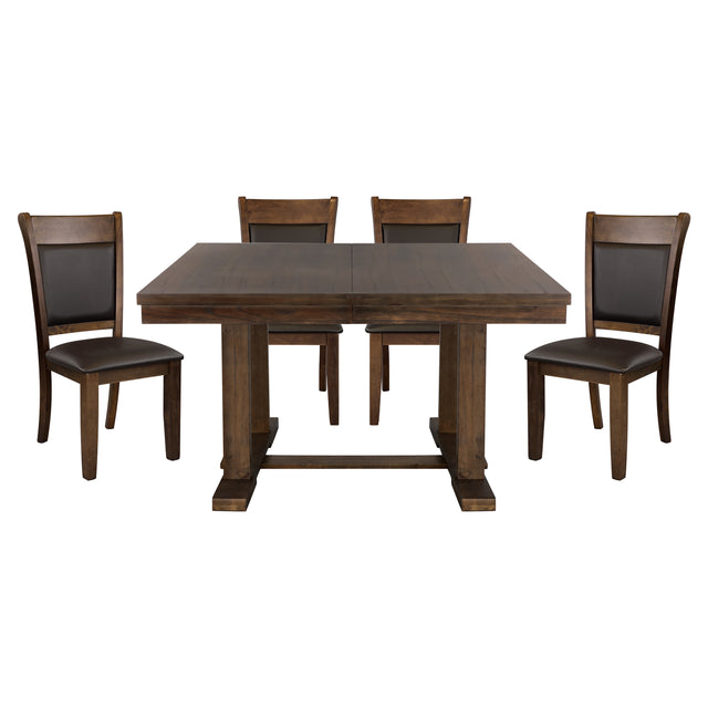 Transitional 5pc Dining Set Table with Self-Storing Leaf and Faux Leather Upholstered 4x Side Chairs Light Rustic Brown Finish Dining Room Furniture - Home Elegance USA