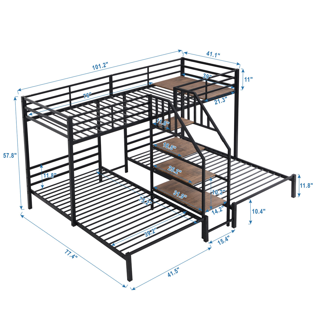 Metal Twin over Twin & Twin Bunk Bed, Triple Bunk Bed with Storage Shelves Staircase, Black - Home Elegance USA