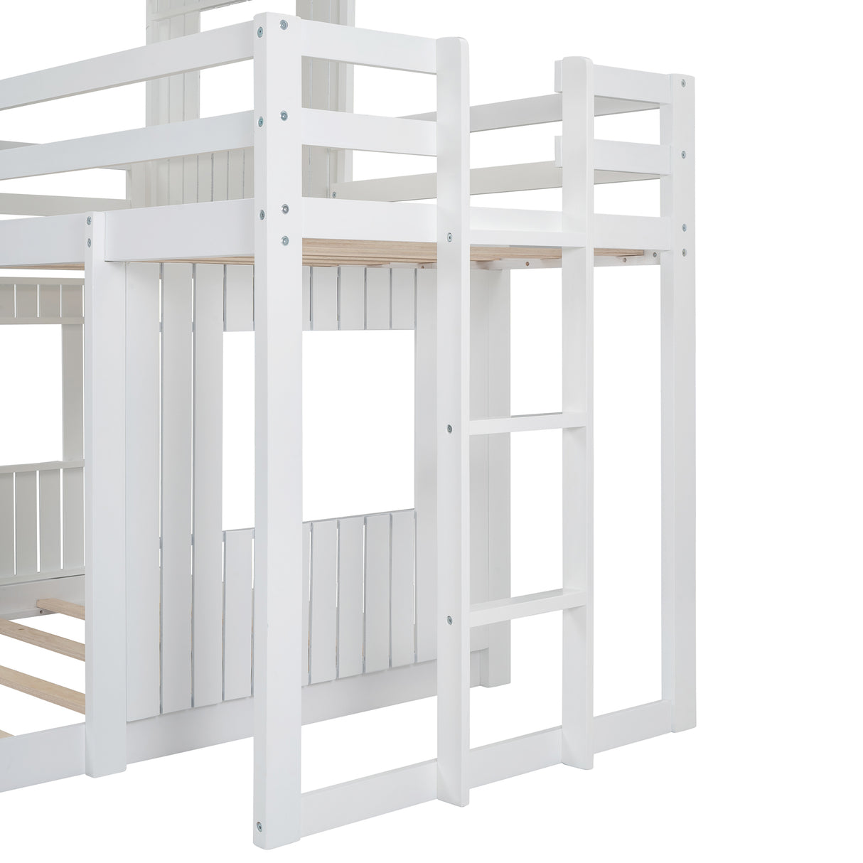 Wooden Twin Over Full Bunk Bed, Loft Bed with Playhouse, Farmhouse, Ladder and Guardrails, White( old sku: LT000027AAK ) - Home Elegance USA