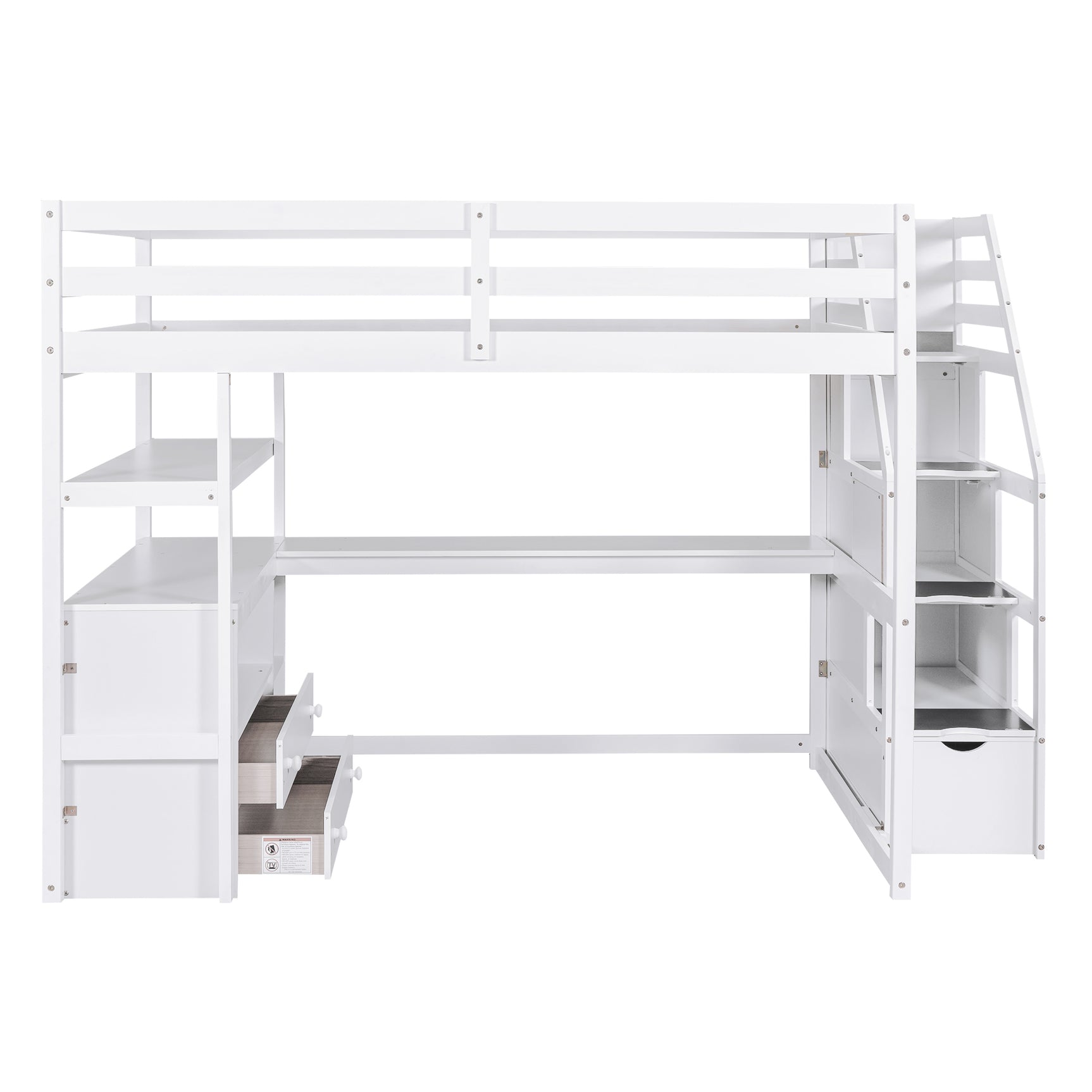 Full Size Loft Bed with Desk and Shelves, Two Built-in Drawers, Storage Staircase, White