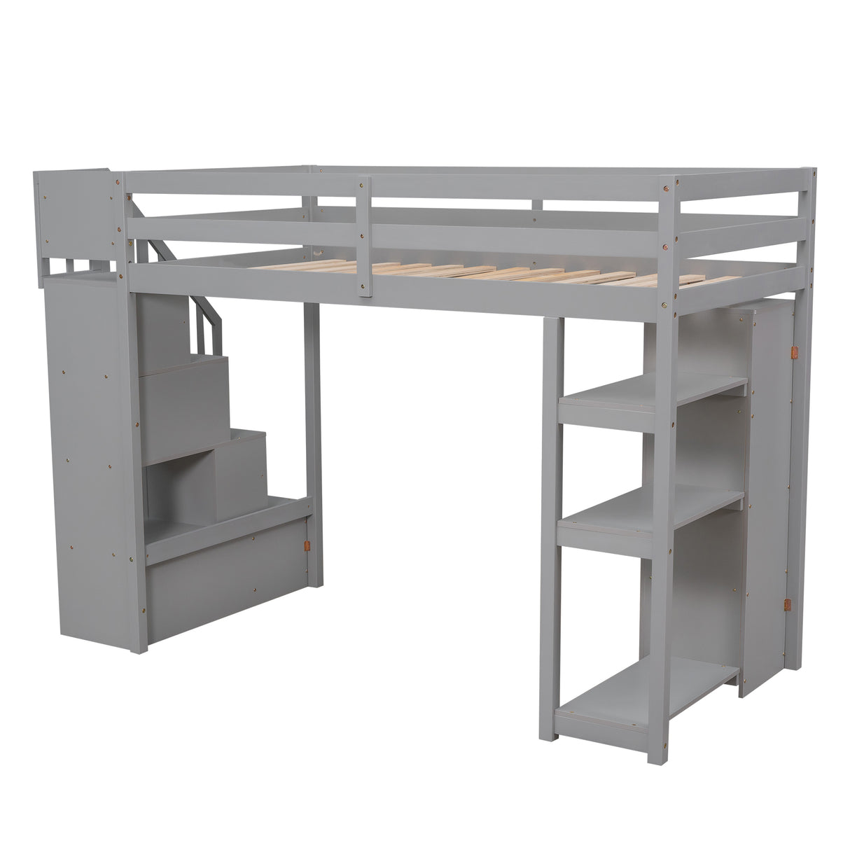 Twin size Loft Bed with Storage Drawers and Stairs, Wooden Loft Bed with Shelves - Gray - Home Elegance USA