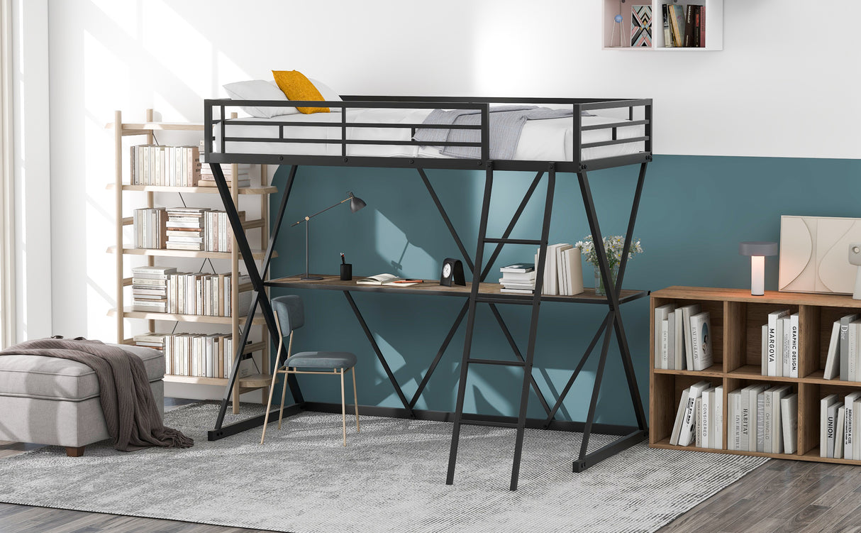 Twin Size Loft Bed with Desk, Ladder and Full-Length Guardrails, X-Shaped Frame, Black(Old SKU:SM000223AAB) - Home Elegance USA