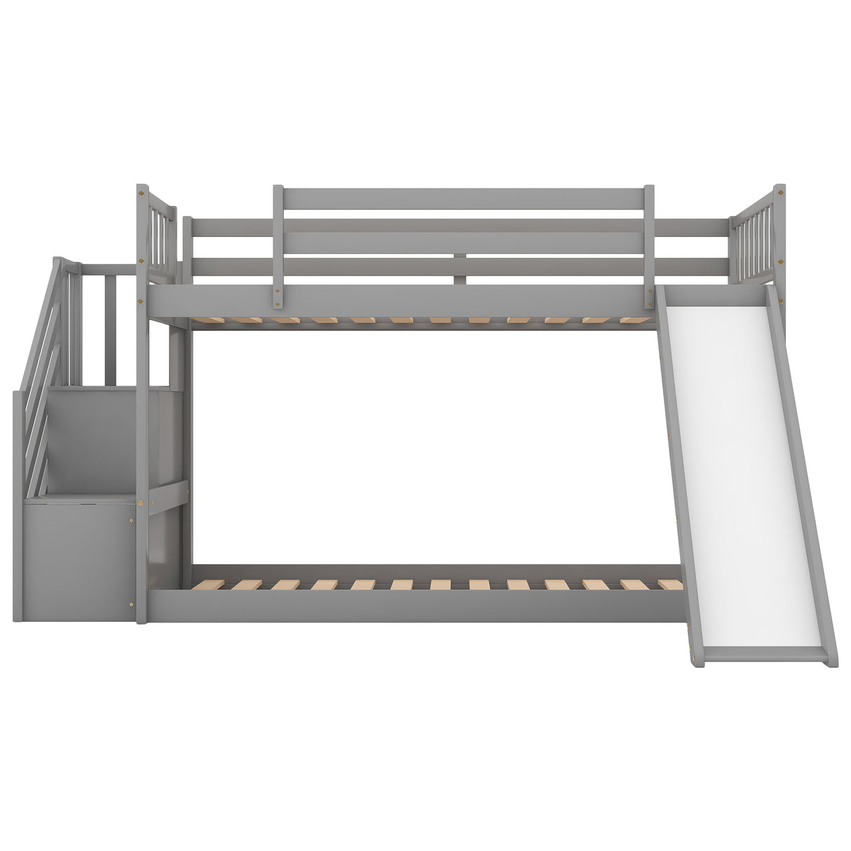 Twin over Twin Bunk Bed with Convertible Slide and Stairway, Gray - Home Elegance USA