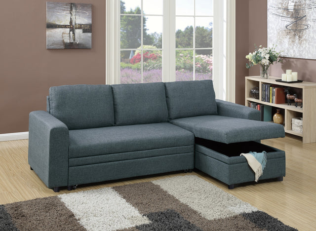 Living Room Furniture Convertible Sectional Blue Grey Color Polyfiber Reversible Chaise Storage Sofa Pull Out bed Couch - Home Elegance USA