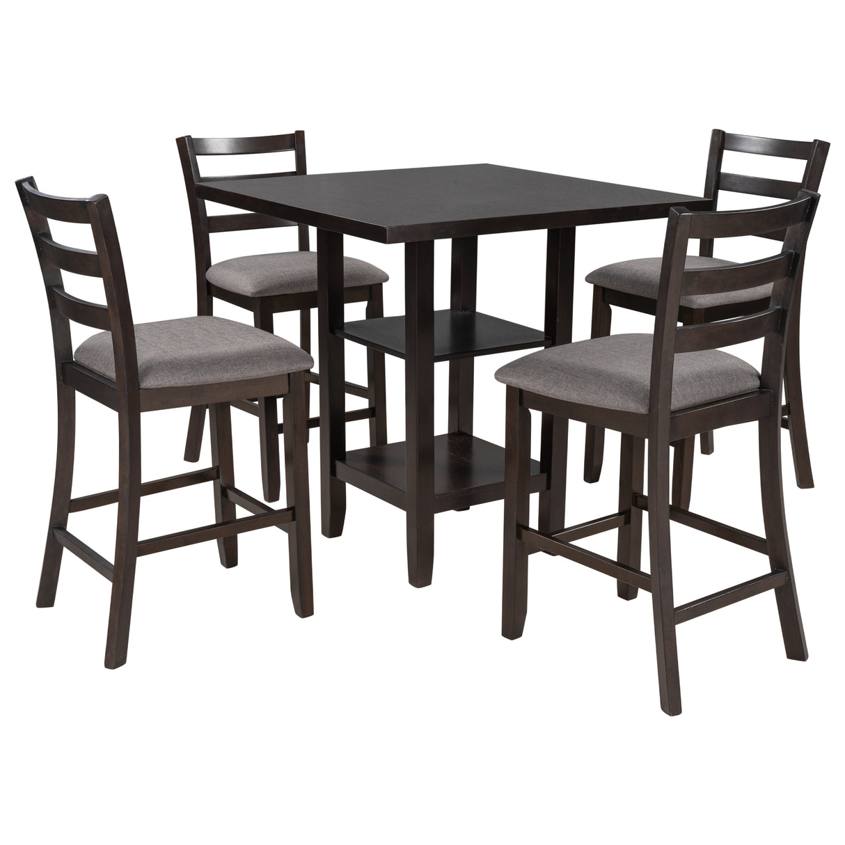 TREXM 5-Piece Wooden Counter Height Dining Set with Padded Chairs and Storage Shelving (Espresso) - Home Elegance USA