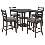 TREXM 5-Piece Wooden Counter Height Dining Set with Padded Chairs and Storage Shelving (Espresso) - Home Elegance USA