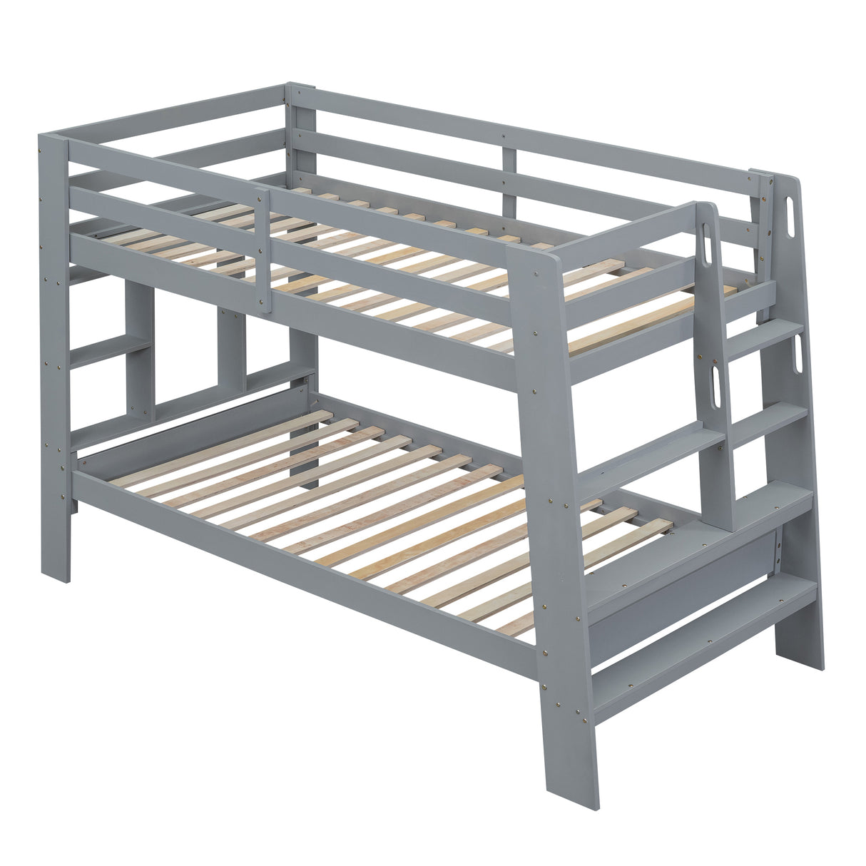 Twin over Twin Bunk Bed with Shelves and Built-in Ladder,  Gray (Expected Arrival Time:8.10) - Home Elegance USA