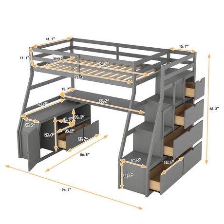 Twin Size Loft Bed with with 7 Drawers 2 Shelves and Desk - Gray