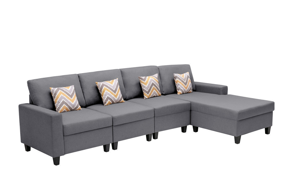 Nolan Gray Linen Fabric 4Pc Reversible Sectional Sofa Chaise with Pillows and Interchangeable Legs - Home Elegance USA