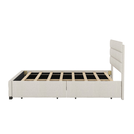 Queen Upholstered Platform Bed with Twin Size Trundle and Two Drawers, Beige - Home Elegance USA