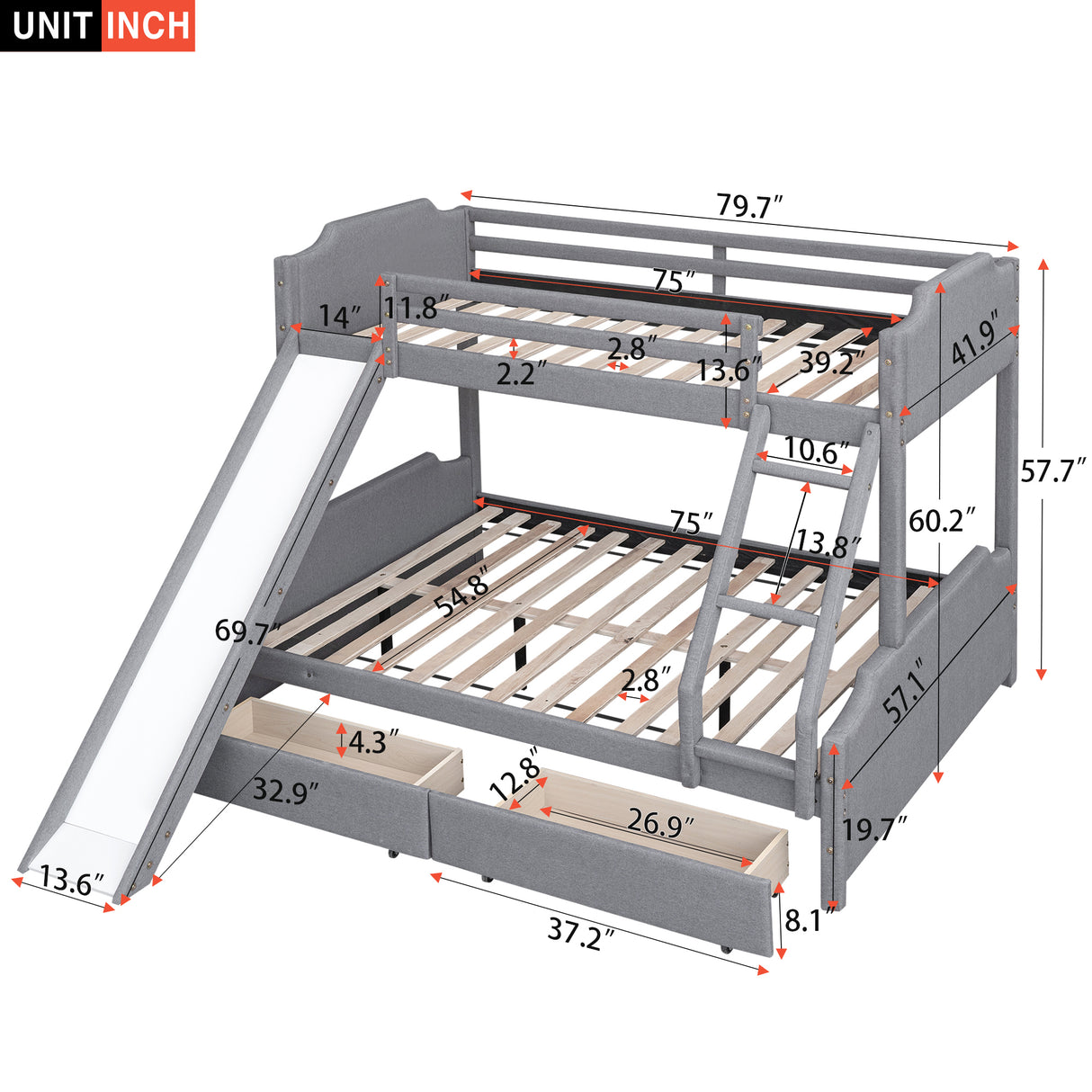 Twin over Full Size Upholstery Bunk Bed with Two Drawers and Slide,Convertible Slide and Ladder, Headboard and Footboard,Grey - Home Elegance USA