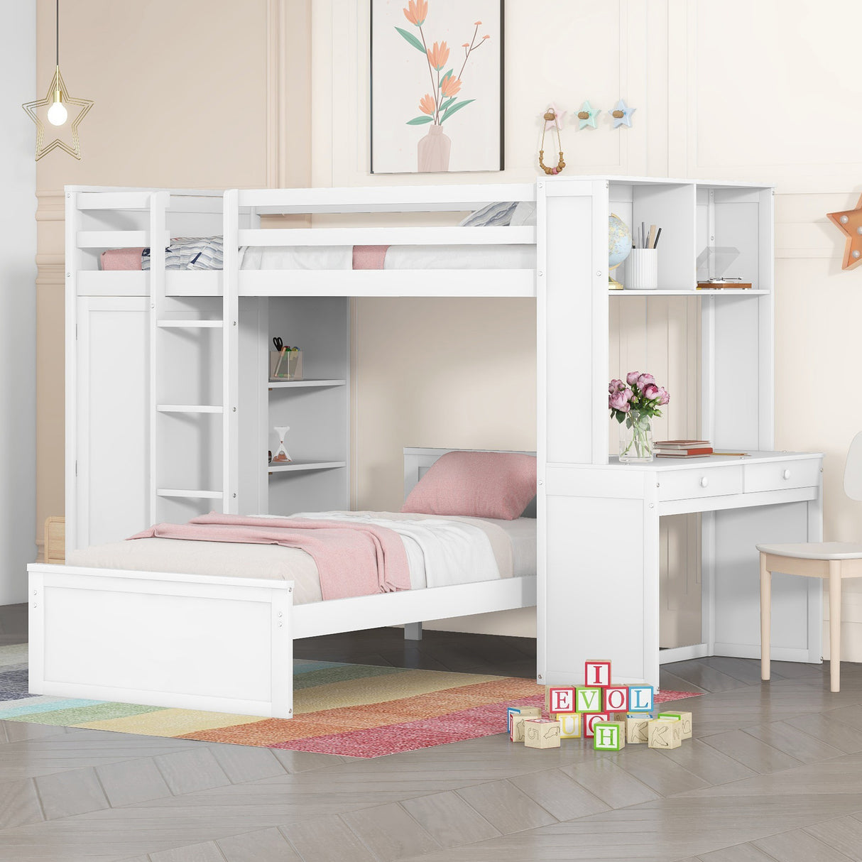 Twin size Loft Bed with a Stand-alone bed, Shelves,Desk,and Wardrobe-White - Home Elegance USA