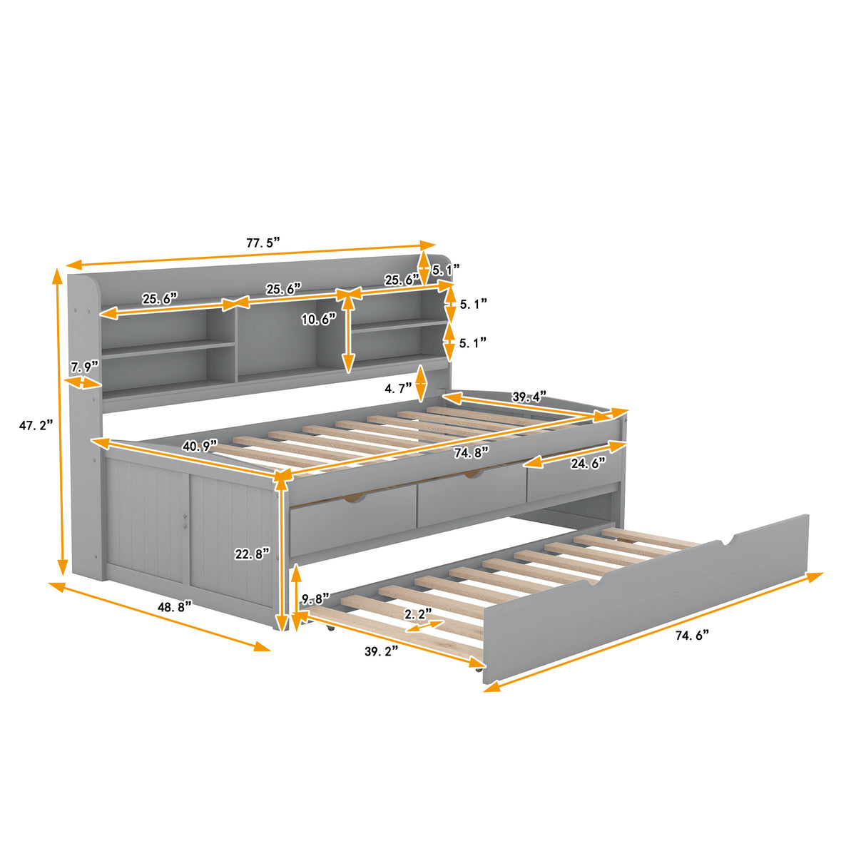 Twin Size Wooden Captain Bed with Built-in Bookshelves,Three Storage Drawers and Trundle,Light Grey - Home Elegance USA