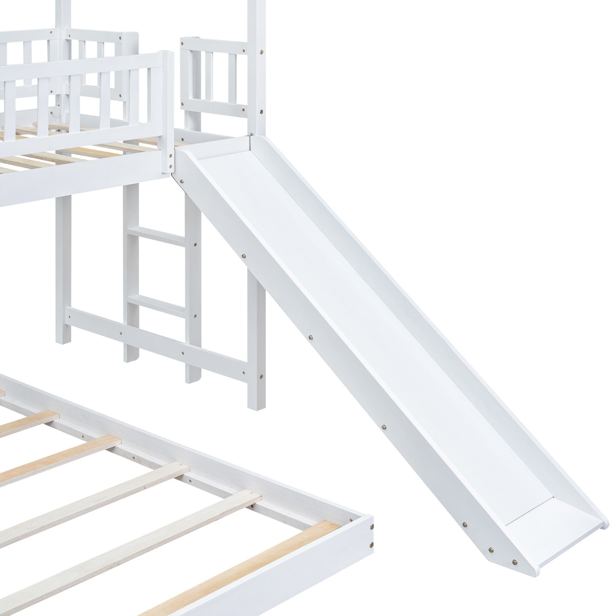 Twin over Full House Bunk Bed with Slide and Built-in Ladder, Full-Length Guardrail, White (Expected Arrival Time:8.10) - Home Elegance USA