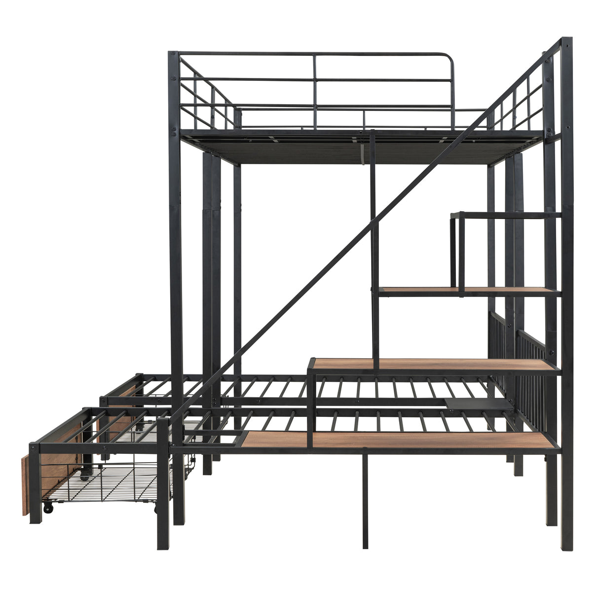 Full over Twin-Twin Triple bunk bed with drawers and staircase, Black