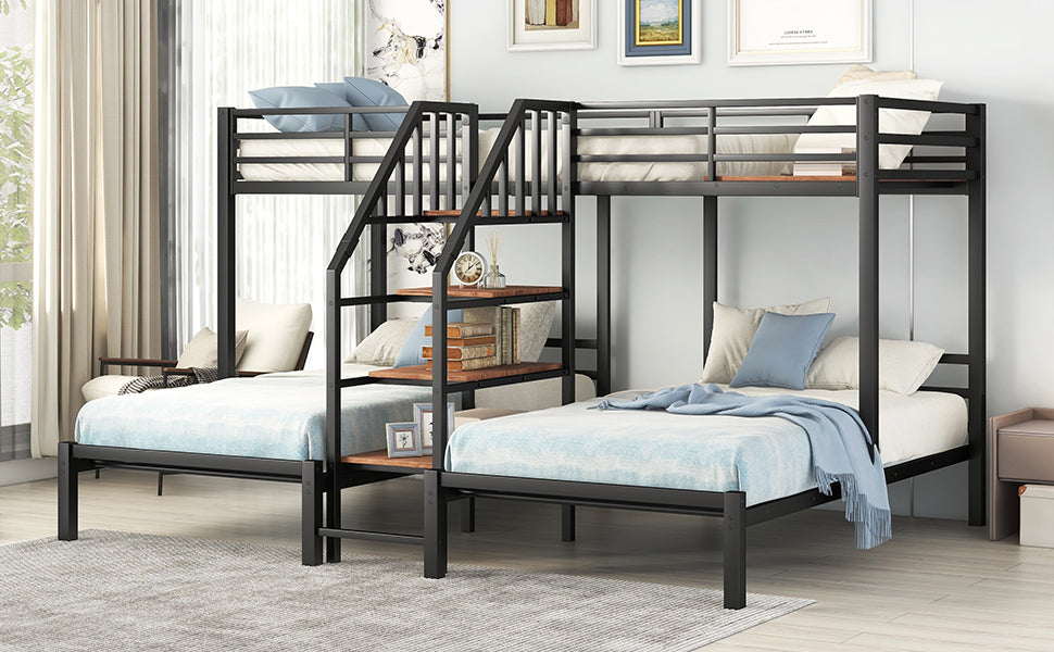 Metal Twin over Twin & Twin Bunk Bed, Triple Bunk Bed with Storage Shelves Staircase, Black - Home Elegance USA