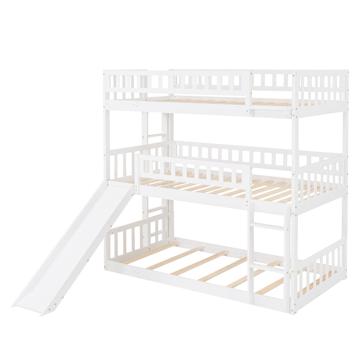 Twin-Over-Twin-Over-Twin Triple Bed with Built-in Ladder and Slide, Triple Bunk Bed with Guardrails, White(OLD SKU: LP000051AAK) - Home Elegance USA