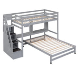 Twin over Full Bunk Bed with Storage Staircase, Desk, Shelves and Hanger for Clothes, Gray - Home Elegance USA