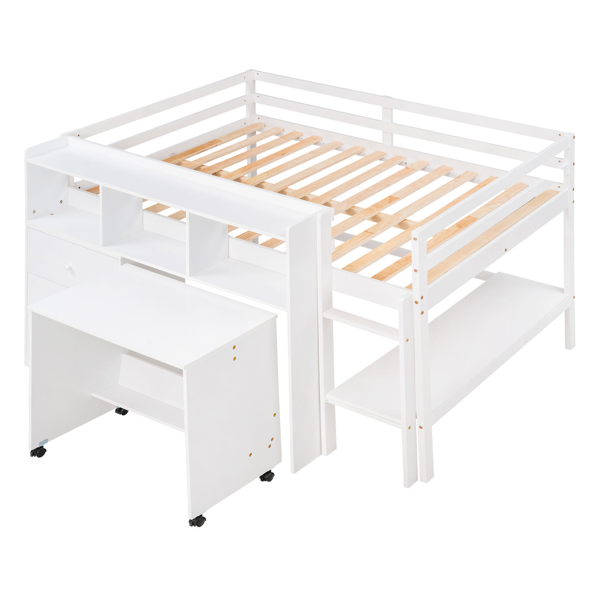 Full Size Low Loft Bed with Rolling Portable Desk, Drawers and Shelves,  White - Home Elegance USA