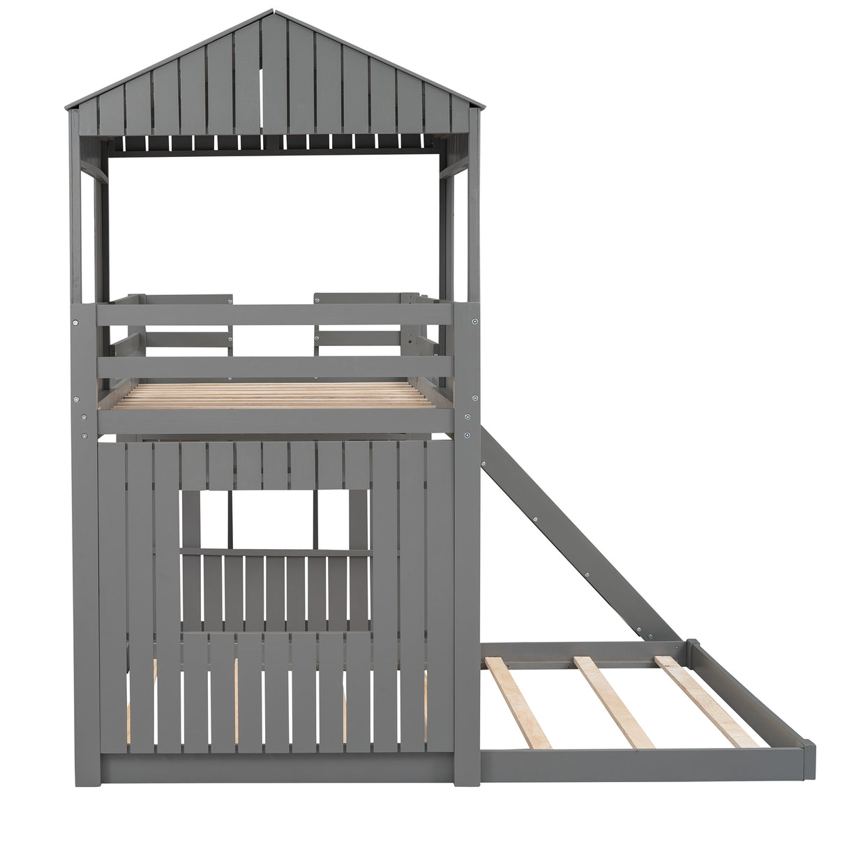 Wooden Twin Over Full Bunk Bed, Loft Bed with Playhouse, Farmhouse, Ladder, Slide and Guardrails, Gray(OLD SKU :LT000028AAN) Home Elegance USA