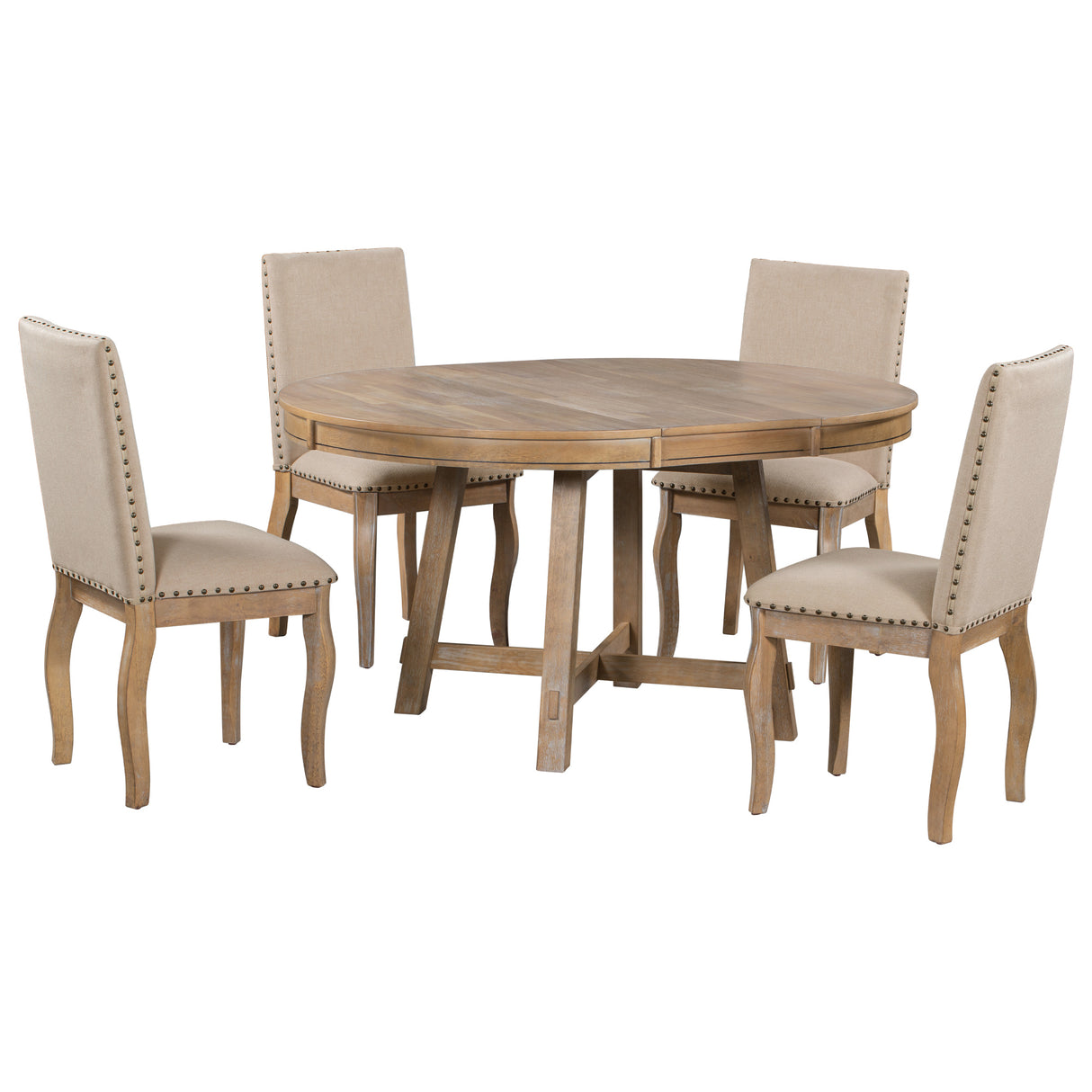 TREXM 5-Piece Farmhouse Dining Table Set Wood Round Extendable Dining Table and 4 Upholstered Dining Chairs (Natural Wood Wash) - Home Elegance USA