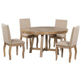 TREXM 5-Piece Farmhouse Dining Table Set Wood Round Extendable Dining Table and 4 Upholstered Dining Chairs (Natural Wood Wash) - Home Elegance USA