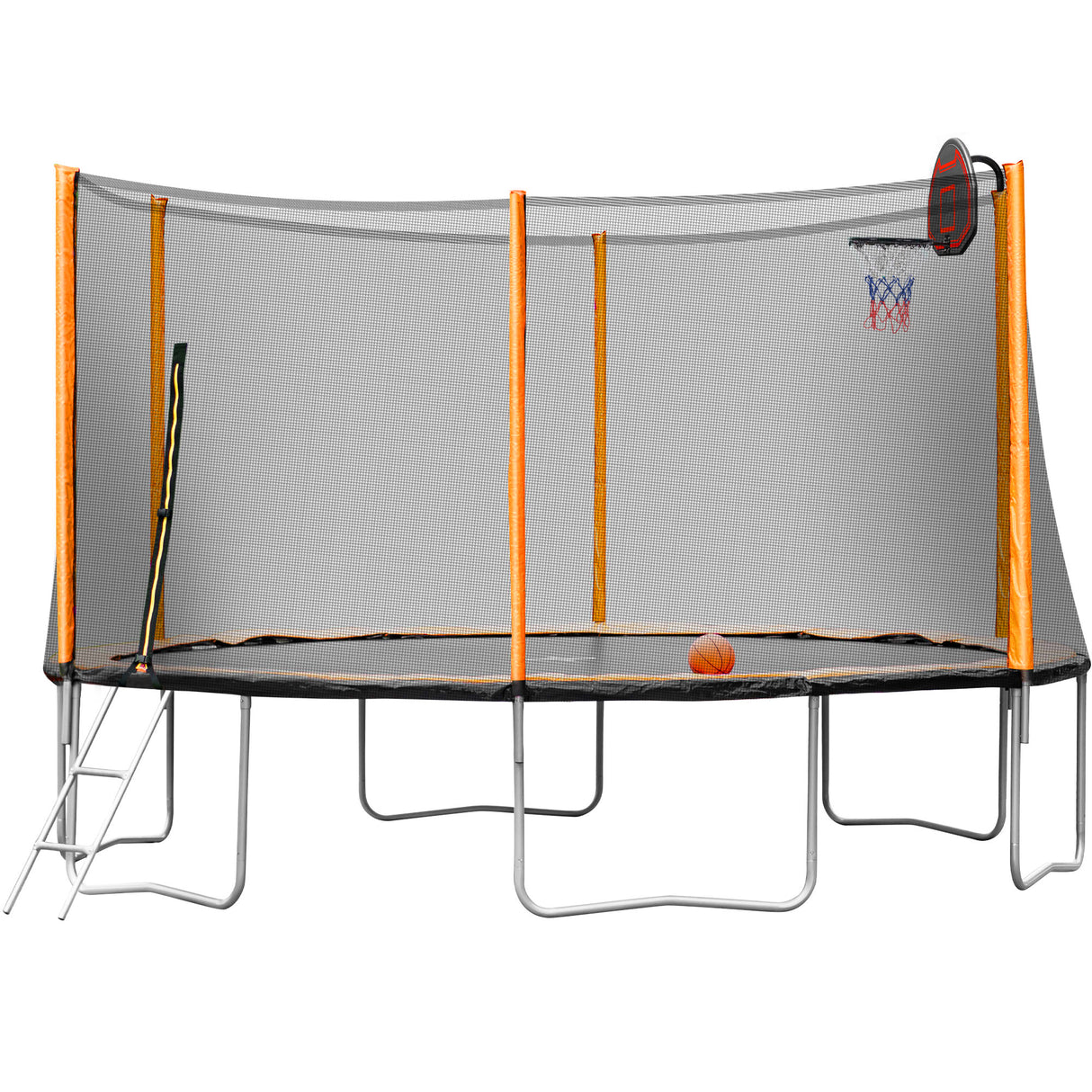 14FT Powder - coated Advanced Trampoline with Basketball Hoop Inflator and Ladder(Outer Safety Enclosure) Orange - W550S00014 - image - 2